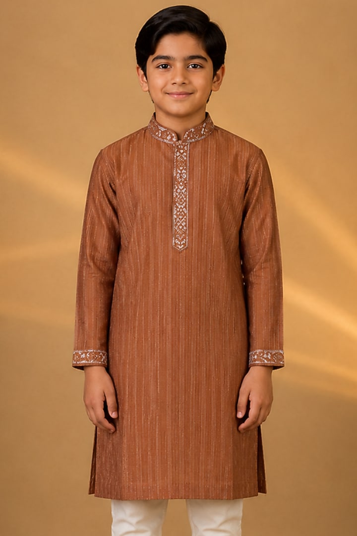 Beige Tussar Resham & Thread Embroidered Kurta Set For Boys by Sammohan Kids at Pernia's Pop Up Shop