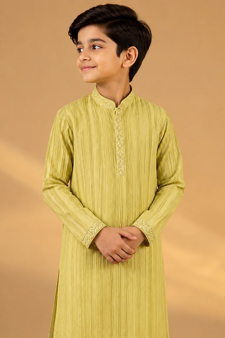 Yellow Tussar Resham & Thread Embroidered Kurta Set For Boys by Sammohan Kids at Pernia's Pop Up Shop