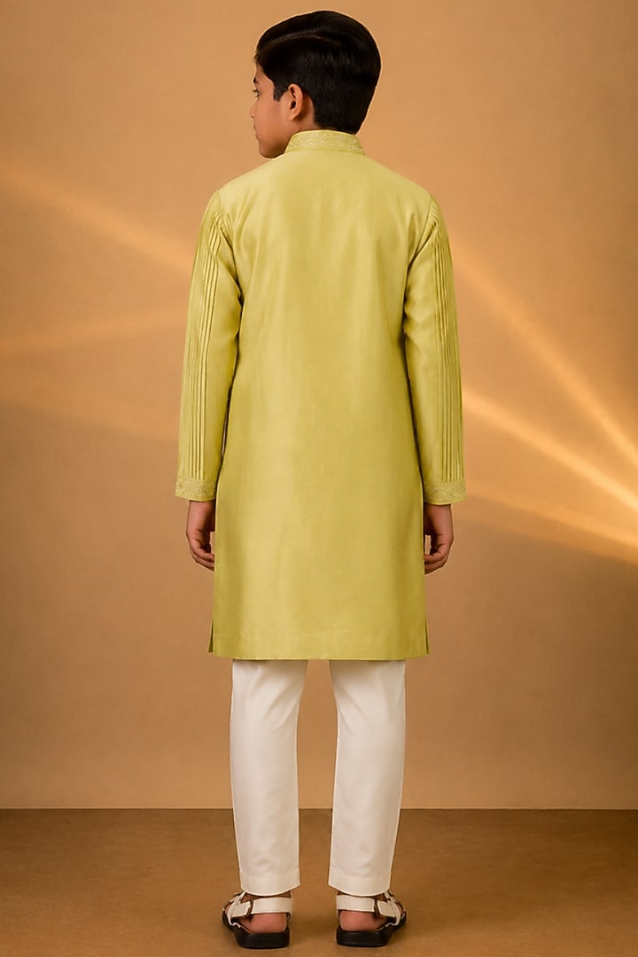 Yellow Tussar Resham & Thread Embroidered Kurta Set For Boys by Sammohan Kids at Pernia's Pop Up Shop