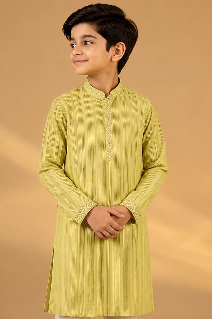 Yellow Tussar Resham & Thread Embroidered Kurta Set For Boys by Sammohan Kids at Pernia's Pop Up Shop
