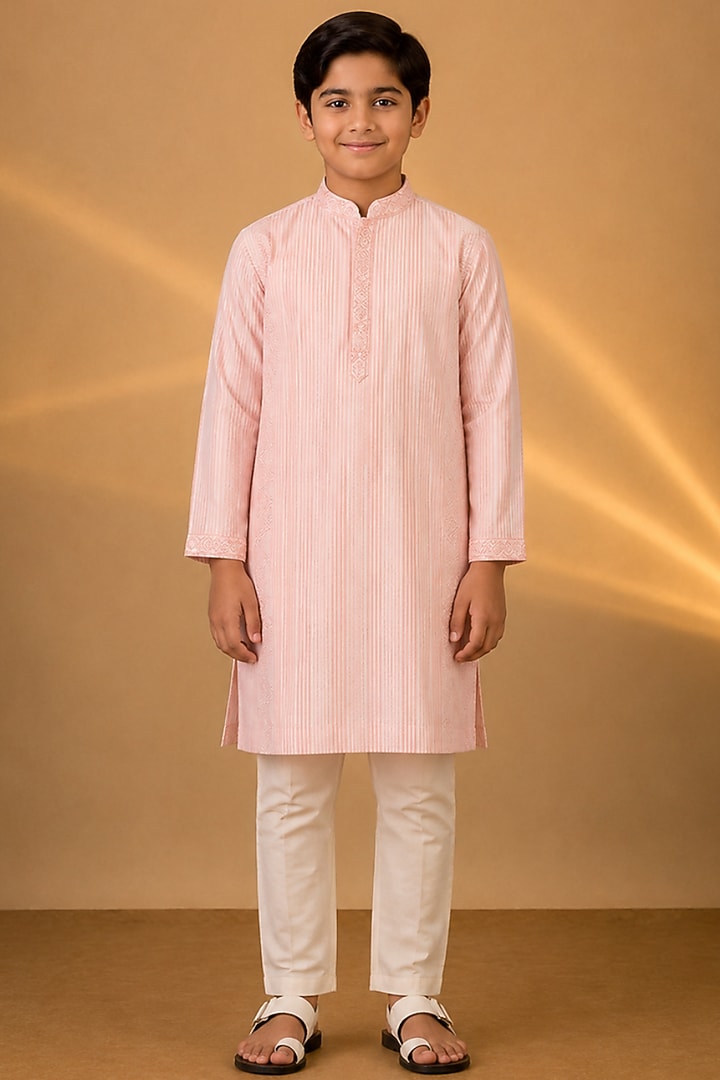 Pink Tussar Resham & Thread Embroidered Kurta Set For Boys by Sammohan Kids at Pernia's Pop Up Shop