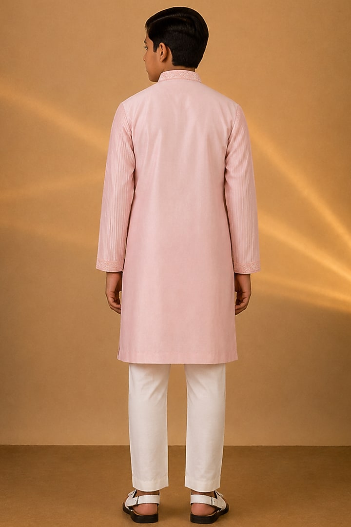 Pink Tussar Resham & Thread Embroidered Kurta Set For Boys by Sammohan Kids at Pernia's Pop Up Shop