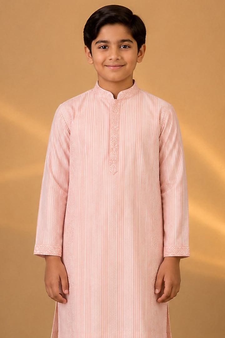 Pink Tussar Resham & Thread Embroidered Kurta Set For Boys by Sammohan Kids at Pernia's Pop Up Shop