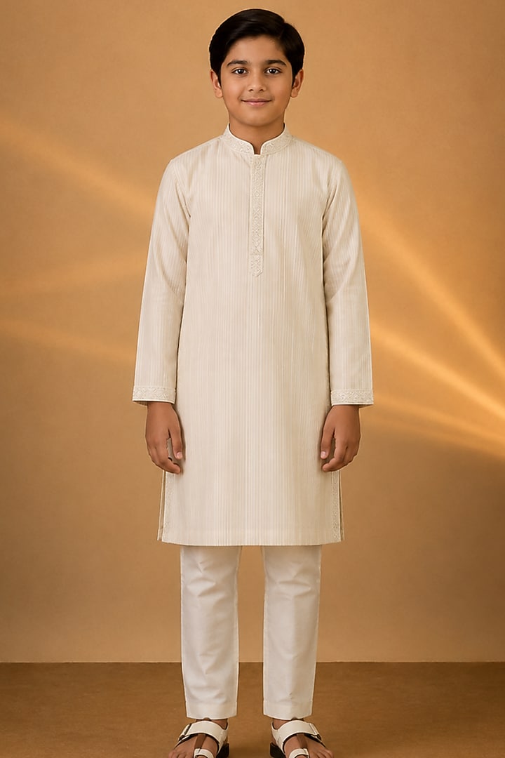 Ivory Tussar Resham & Thread Embroidered Kurta Set For Boys by Sammohan Kids at Pernia's Pop Up Shop