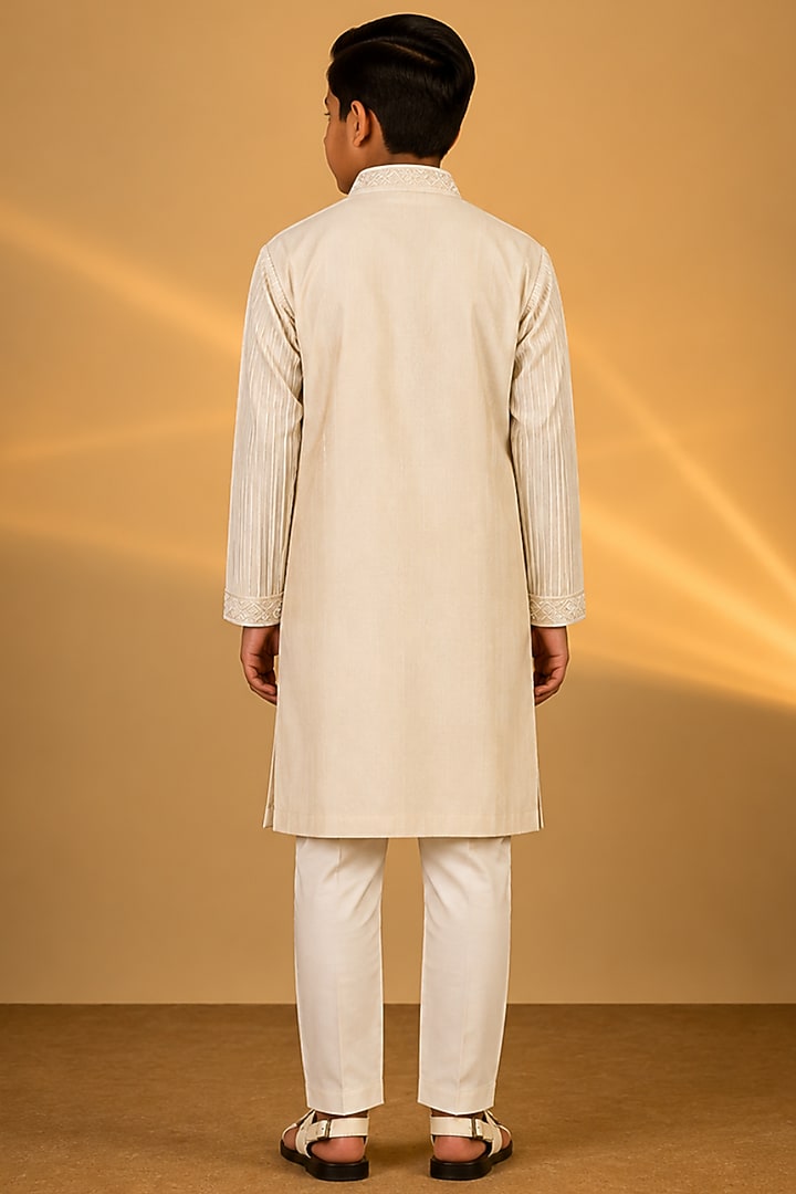 Ivory Tussar Resham & Thread Embroidered Kurta Set For Boys by Sammohan Kids at Pernia's Pop Up Shop