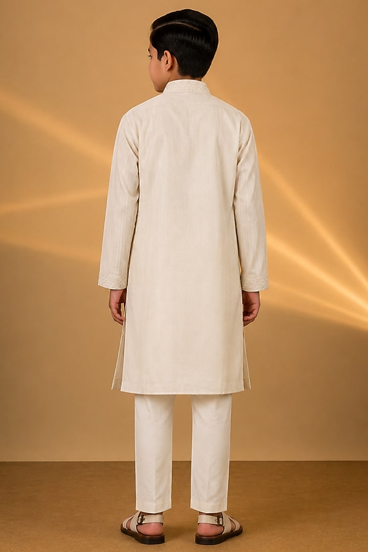 Ivory Tussar Resham & Thread Embroidered Kurta Set For Boys by Sammohan Kids at Pernia's Pop Up Shop