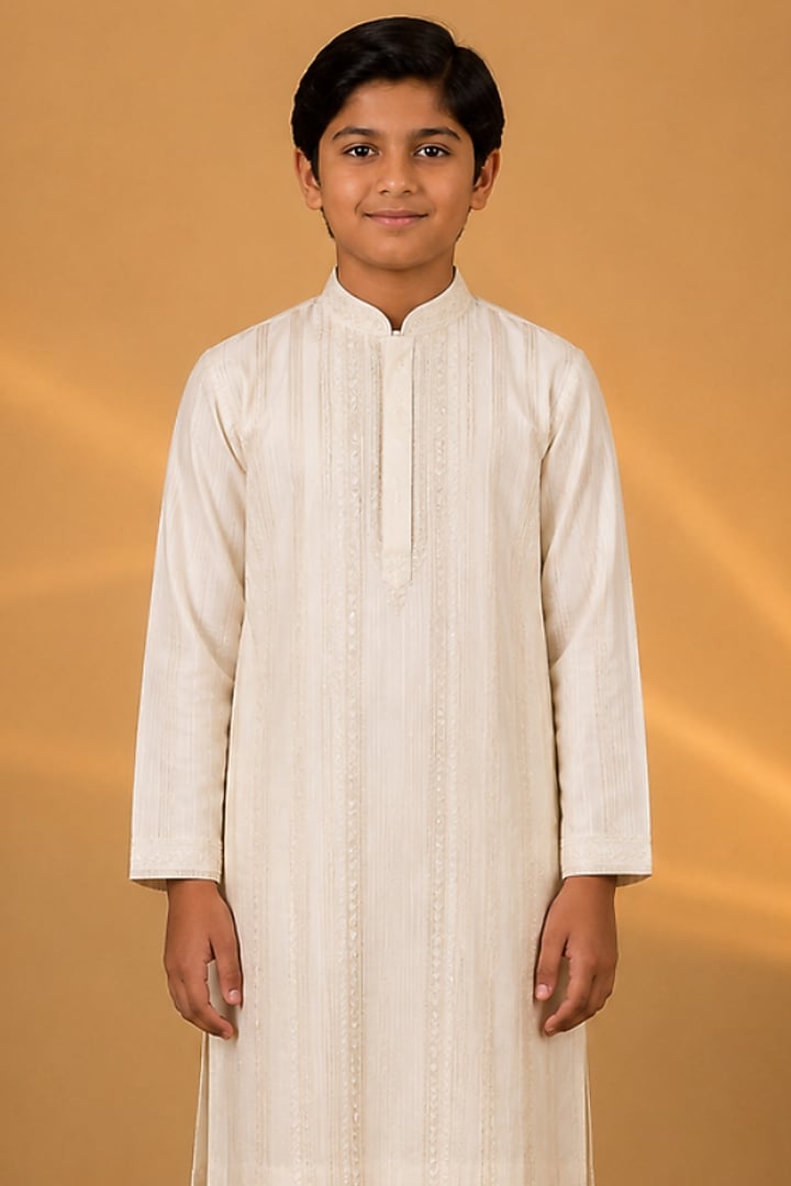 Ivory Tussar Resham & Thread Embroidered Kurta Set For Boys by Sammohan Kids at Pernia's Pop Up Shop