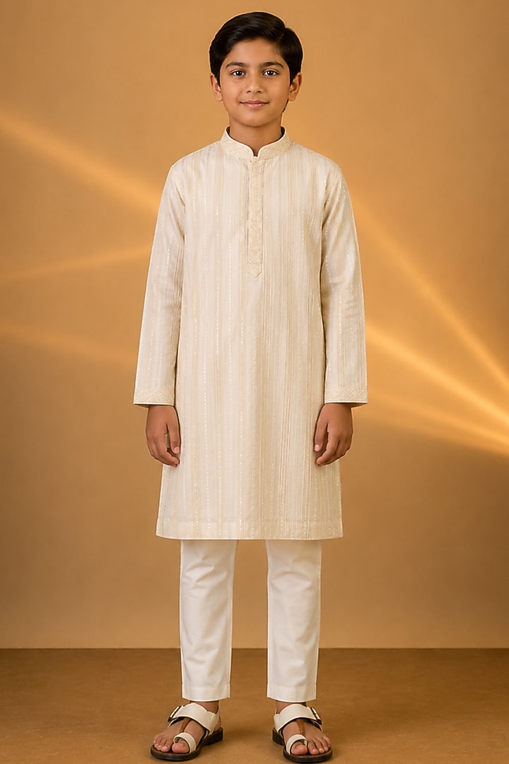 Ivory Tussar Resham & Thread Embroidered Kurta Set For Boys by Sammohan Kids at Pernia's Pop Up Shop
