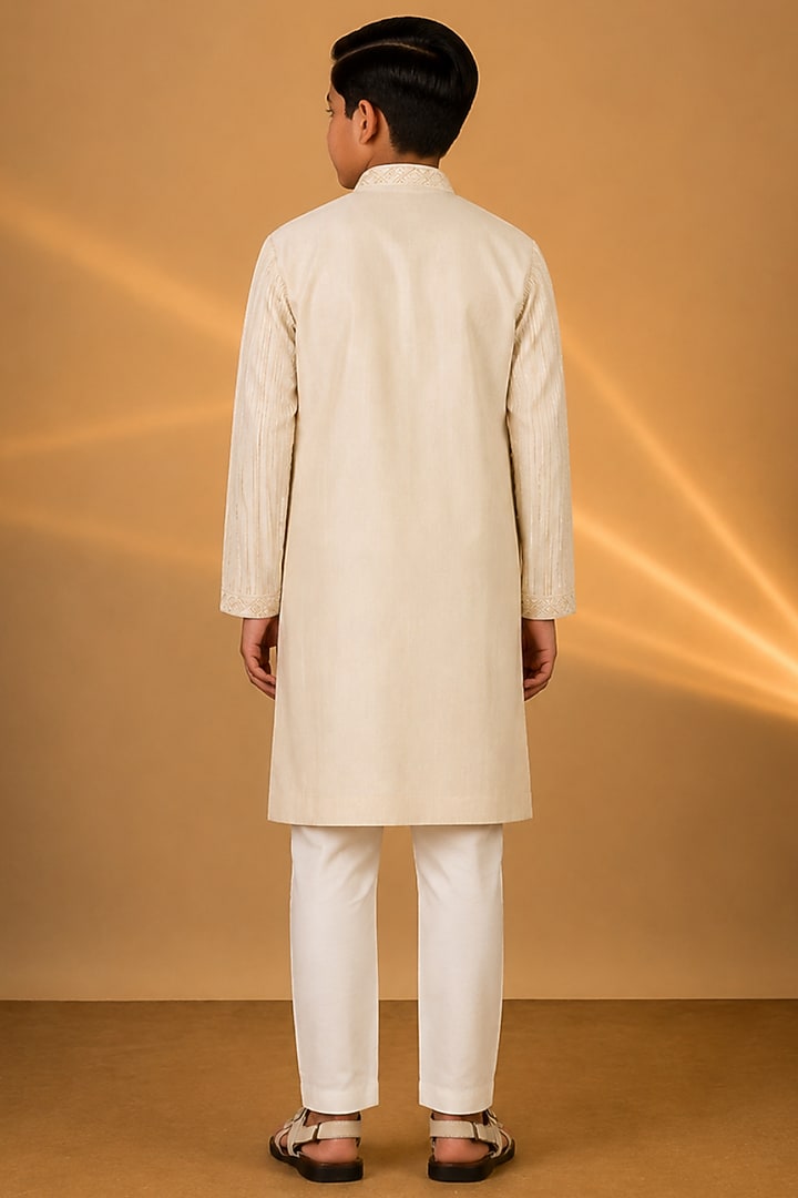 Ivory Tussar Resham & Thread Embroidered Kurta Set For Boys by Sammohan Kids at Pernia's Pop Up Shop