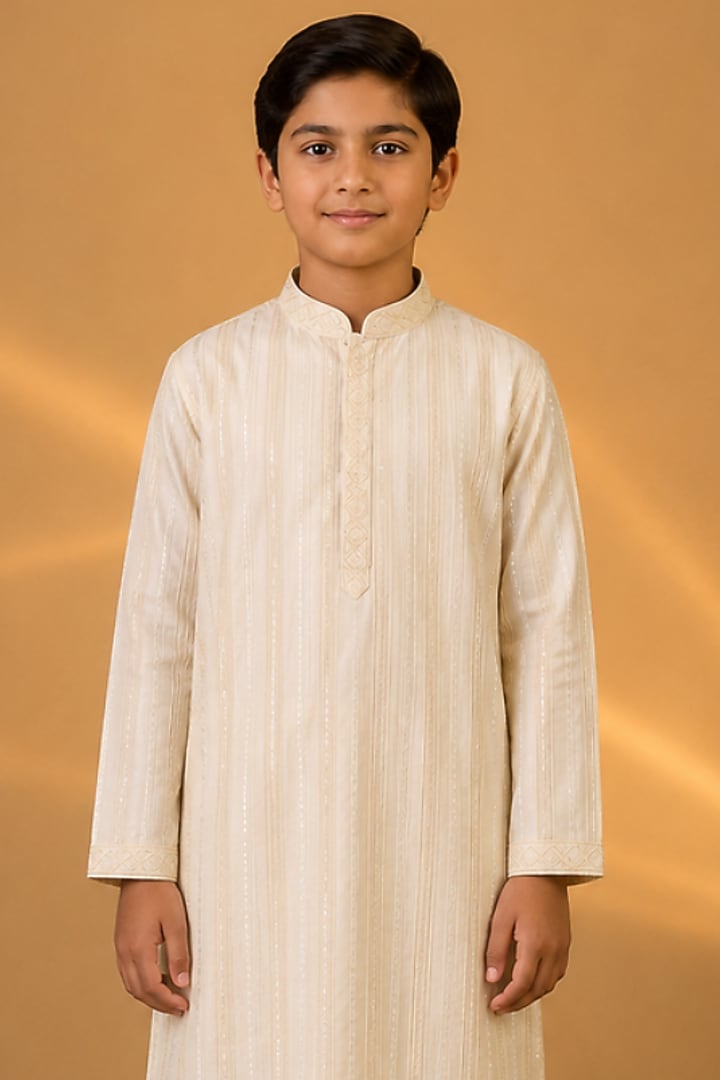 Ivory Tussar Resham & Thread Embroidered Kurta Set For Boys by Sammohan Kids at Pernia's Pop Up Shop