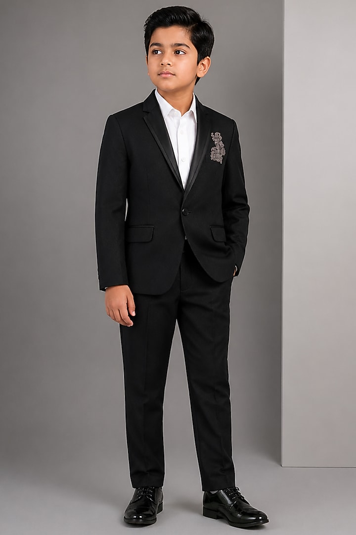Black Tussar Hand & Machine Embroidered Tuxedo Set For Boys by Sammohan Kids at Pernia's Pop Up Shop