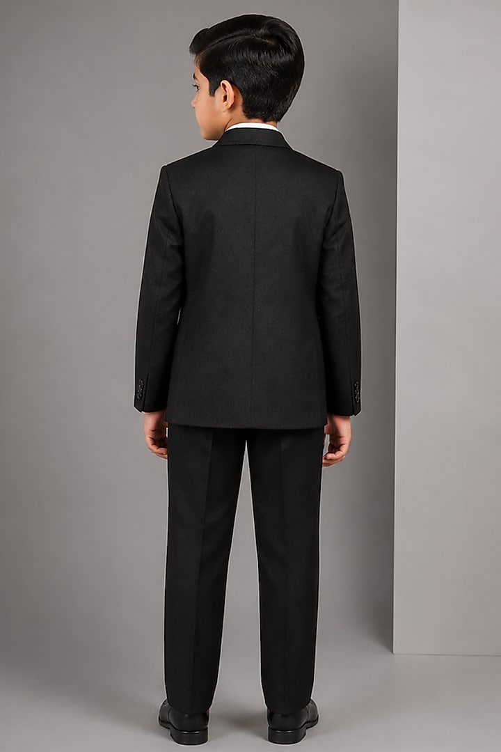 Black Tussar Hand & Machine Embroidered Tuxedo Set For Boys by Sammohan Kids at Pernia's Pop Up Shop