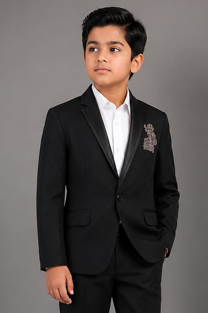 Black Tussar Hand & Machine Embroidered Tuxedo Set For Boys by Sammohan Kids at Pernia's Pop Up Shop
