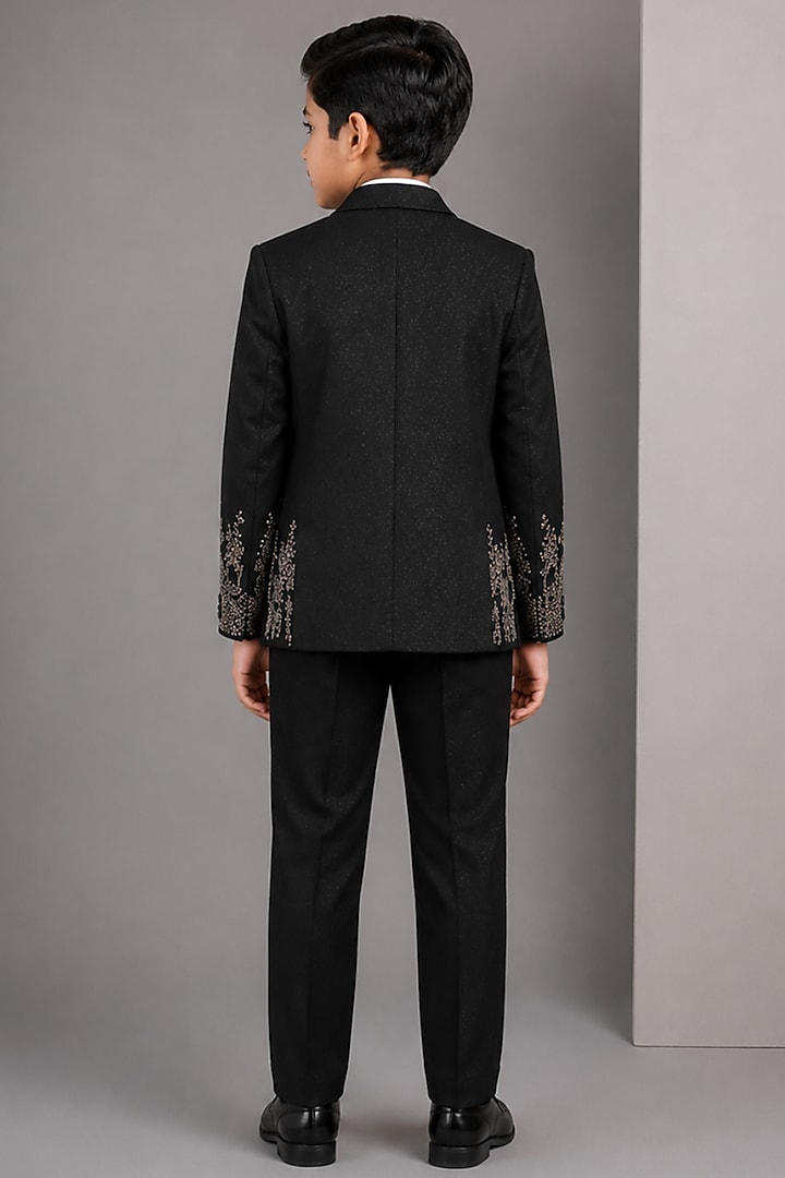 Black Tussar Hand & Machine Embroidered Tuxedo Set For Boys by Sammohan Kids at Pernia's Pop Up Shop