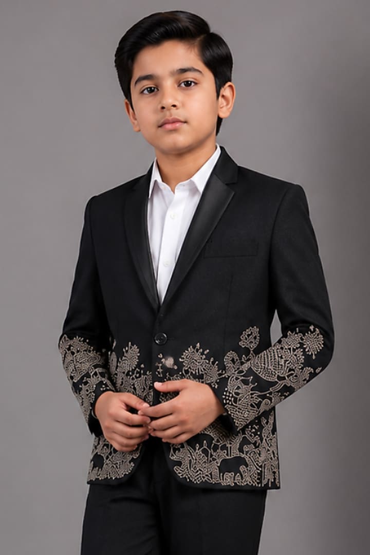 Black Tussar Hand & Machine Embroidered Tuxedo Set For Boys by Sammohan Kids at Pernia's Pop Up Shop