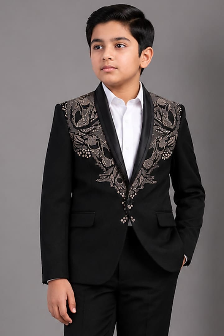 Black Tussar Hand & Machine Embroidered Tuxedo Set For Boys by Sammohan Kids at Pernia's Pop Up Shop