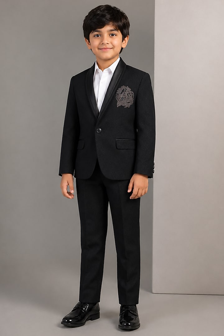 Black Tussar Hand & Machine Embroidered Tuxedo Set For Boys by Sammohan Kids at Pernia's Pop Up Shop