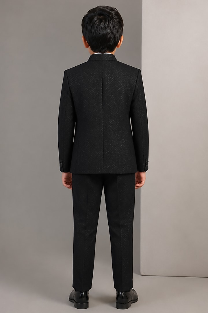 Black Tussar Hand & Machine Embroidered Tuxedo Set For Boys by Sammohan Kids at Pernia's Pop Up Shop