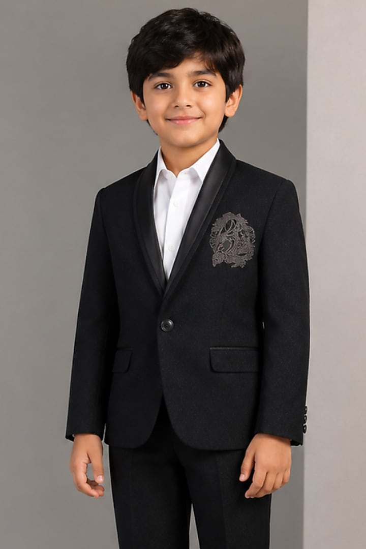 Black Tussar Hand & Machine Embroidered Tuxedo Set For Boys by Sammohan Kids at Pernia's Pop Up Shop