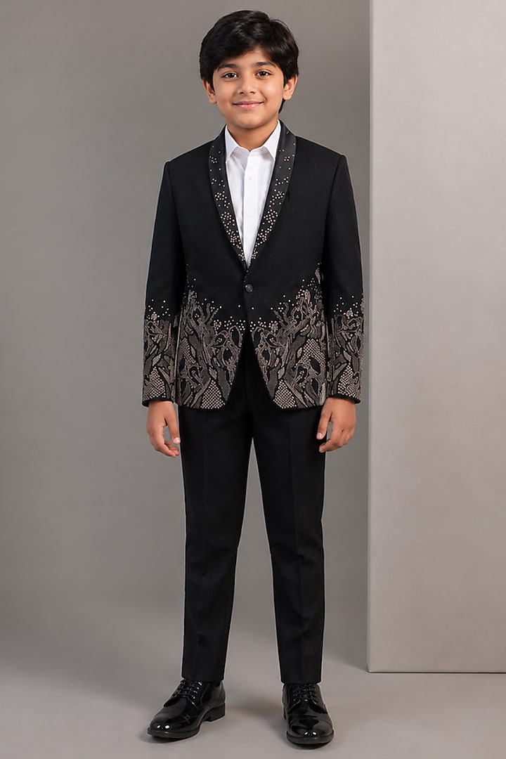 Black Tussar Hand & Machine Embroidered Tuxedo Set For Boys by Sammohan Kids at Pernia's Pop Up Shop