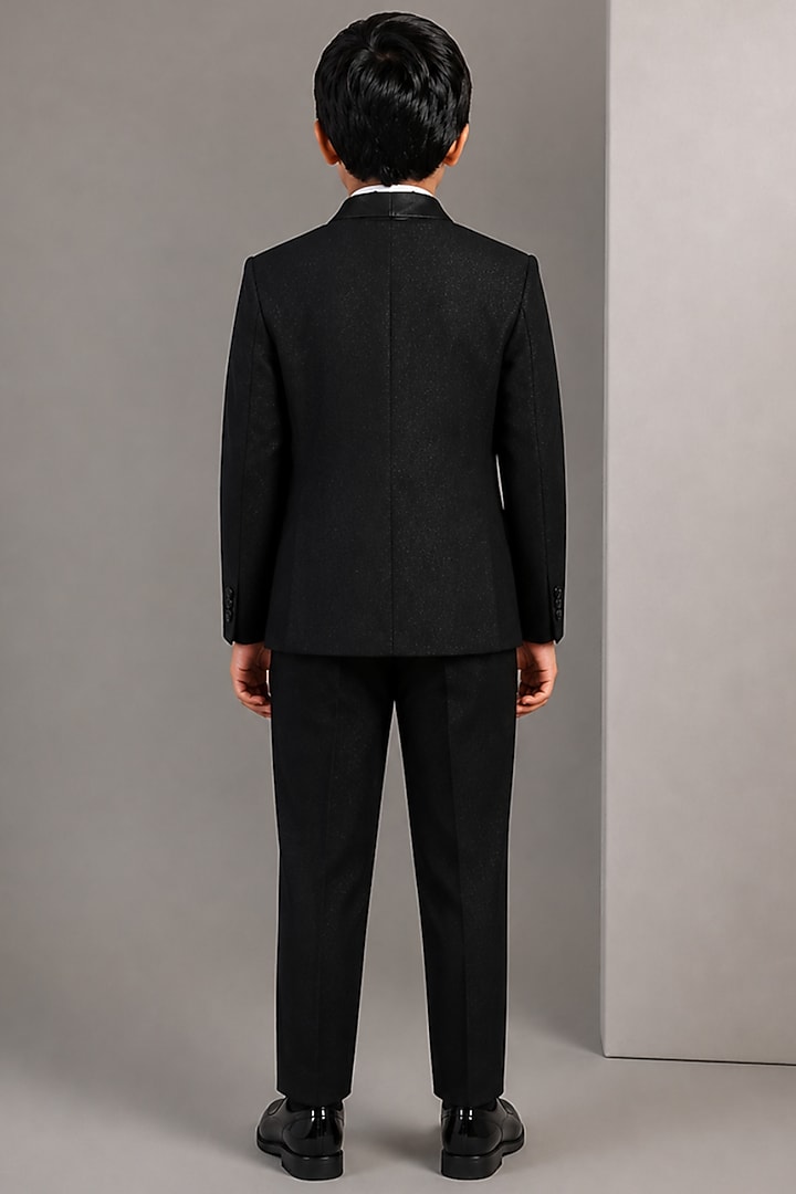 Black Tussar Hand & Machine Embroidered Tuxedo Set For Boys by Sammohan Kids at Pernia's Pop Up Shop