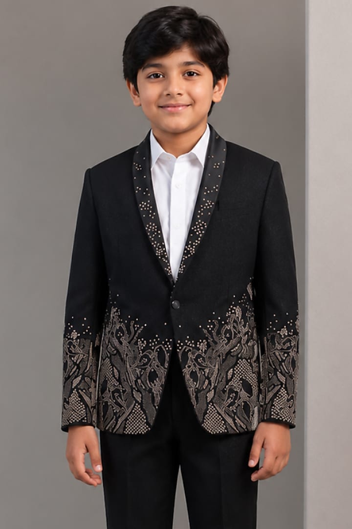 Black Tussar Hand & Machine Embroidered Tuxedo Set For Boys by Sammohan Kids at Pernia's Pop Up Shop