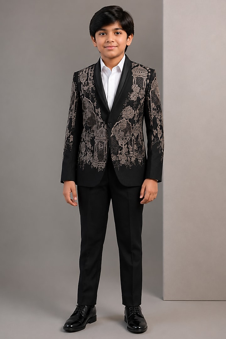 Black Tussar Hand & Machine Embroidered Tuxedo Set For Boys by Sammohan Kids at Pernia's Pop Up Shop