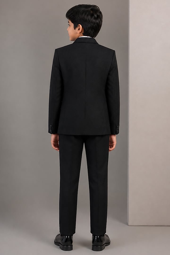 Black Tussar Hand & Machine Embroidered Tuxedo Set For Boys by Sammohan Kids at Pernia's Pop Up Shop