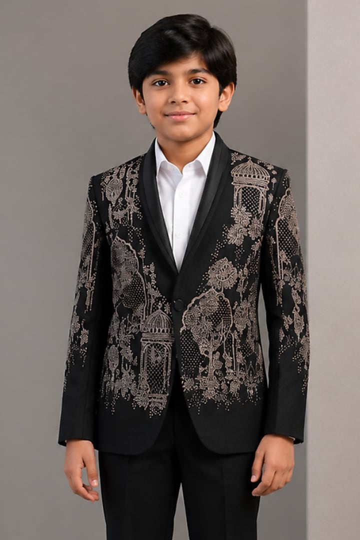 Black Tussar Hand & Machine Embroidered Tuxedo Set For Boys by Sammohan Kids at Pernia's Pop Up Shop