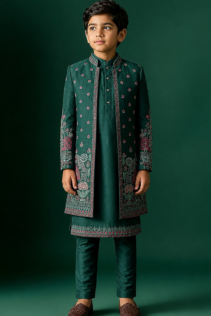 Green Tussar Hand & Machine Embroidered Indowestern Set For Boys by Sammohan Kids at Pernia's Pop Up Shop