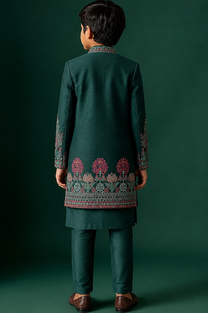Green Tussar Hand & Machine Embroidered Indowestern Set For Boys by Sammohan Kids at Pernia's Pop Up Shop