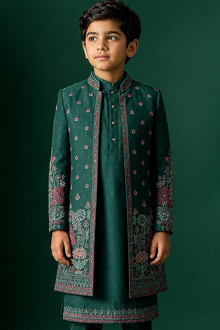 Green Tussar Hand & Machine Embroidered Indowestern Set For Boys by Sammohan Kids at Pernia's Pop Up Shop
