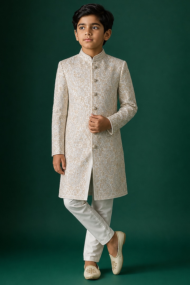 Ivory Tussar Hand & Machine Embroidered Sherwani Set For Boys by Sammohan Kids at Pernia's Pop Up Shop