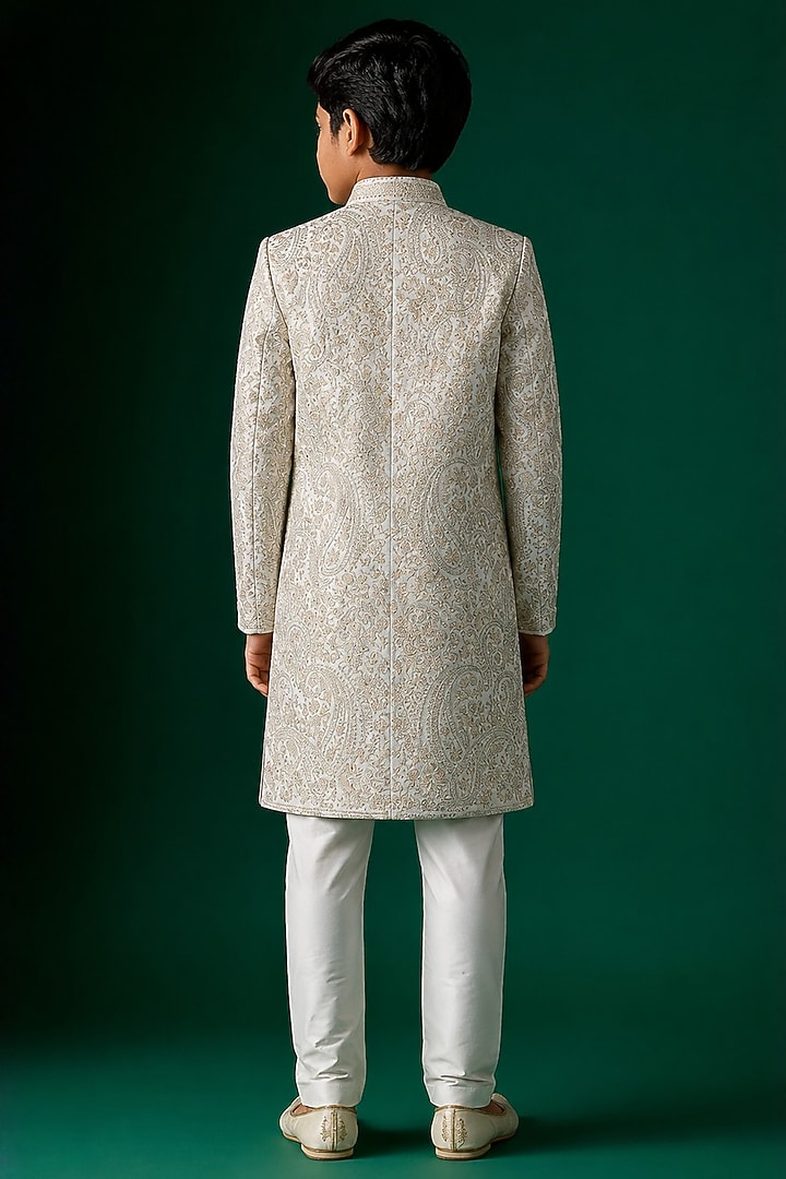 Ivory Tussar Hand & Machine Embroidered Sherwani Set For Boys by Sammohan Kids at Pernia's Pop Up Shop