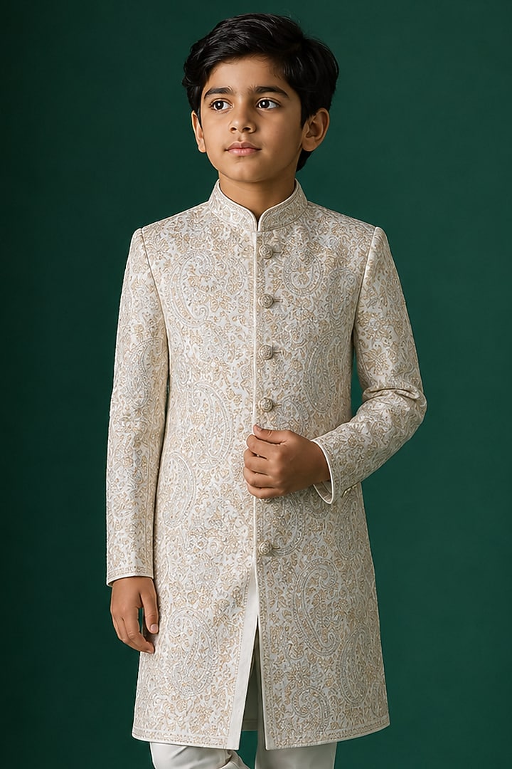 Ivory Tussar Hand & Machine Embroidered Sherwani Set For Boys by Sammohan Kids at Pernia's Pop Up Shop