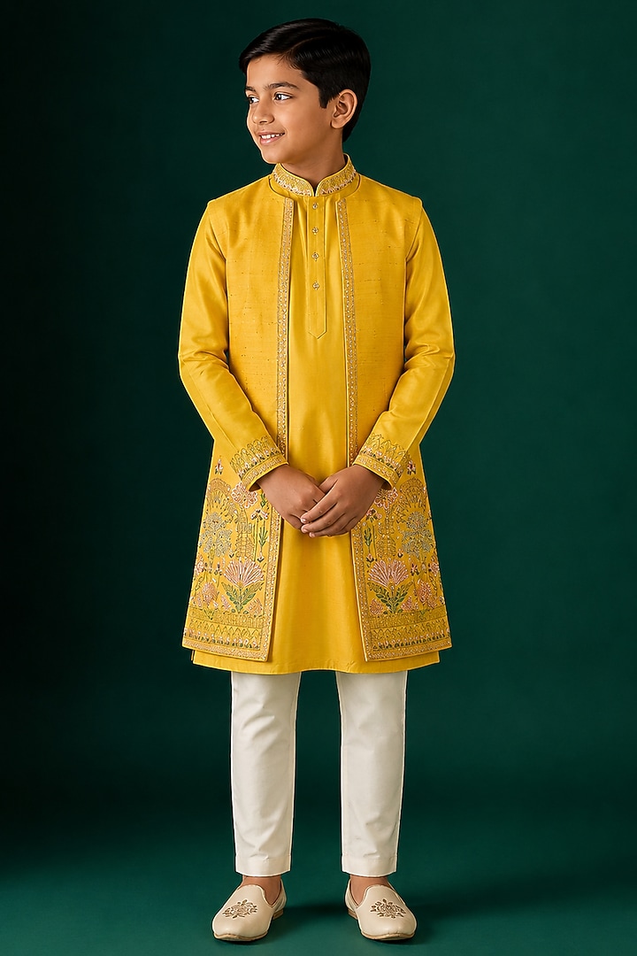 Yellow Tussar & Raw Silk Embroidered Indowestern Set For Boys by Sammohan Kids at Pernia's Pop Up Shop