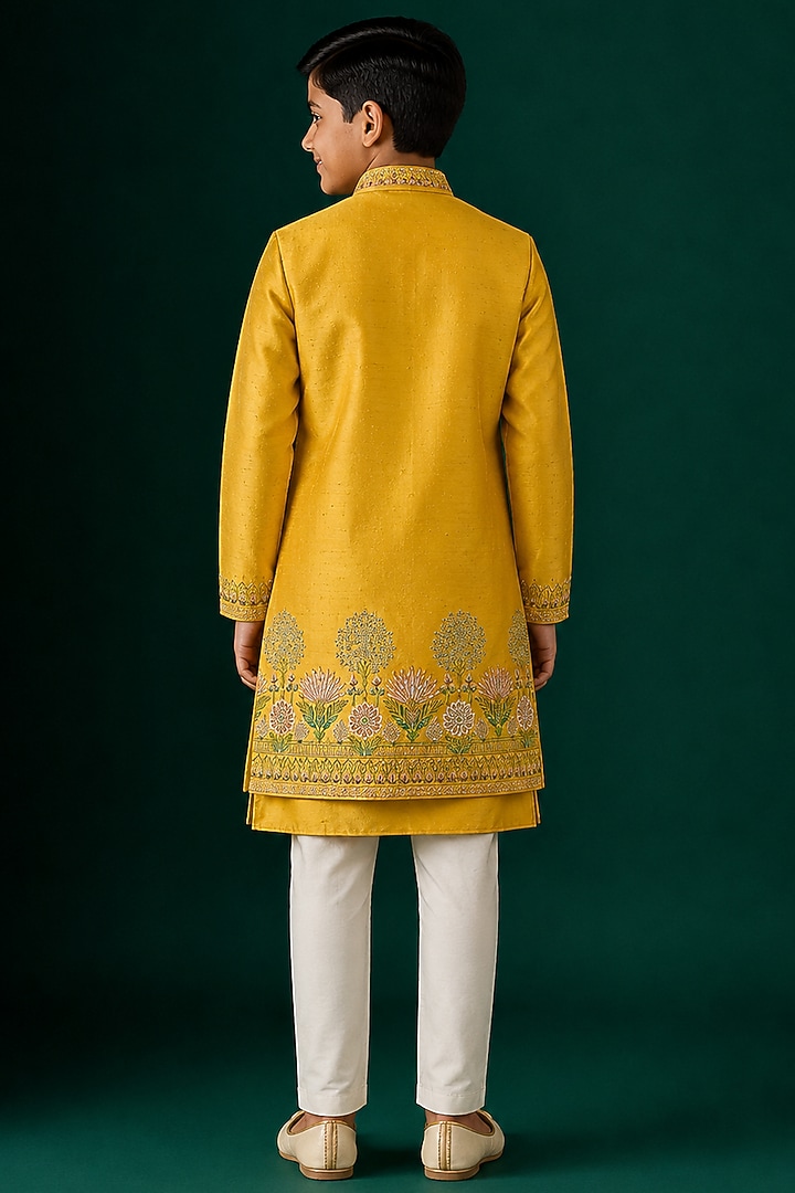Yellow Tussar & Raw Silk Embroidered Indowestern Set For Boys by Sammohan Kids at Pernia's Pop Up Shop