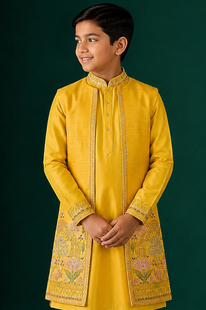 Yellow Tussar & Raw Silk Embroidered Indowestern Set For Boys by Sammohan Kids at Pernia's Pop Up Shop