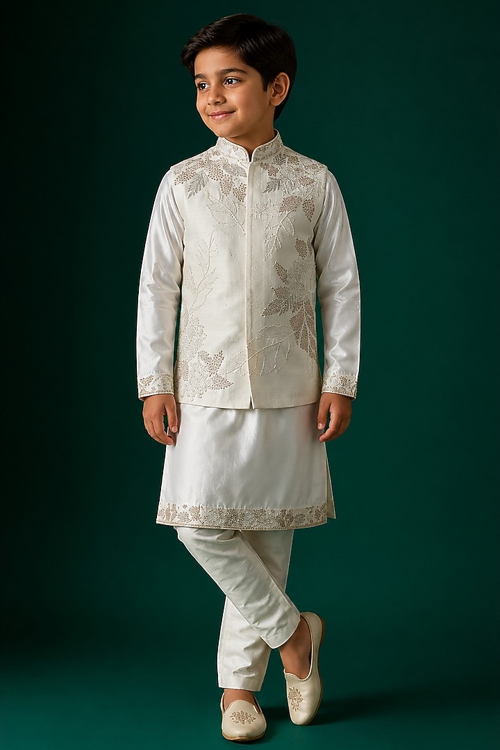 Ivory Tussar & Raw Silk Embroidered Bundi Jacket Set For Boys by Sammohan Kids at Pernia's Pop Up Shop