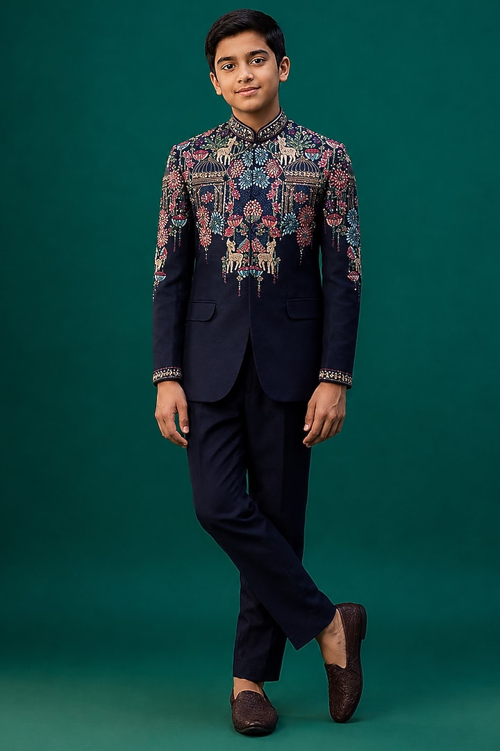 Blue Tussar Hand & Machine Embroidered Bandhgala Set For Boys by Sammohan Kids at Pernia's Pop Up Shop