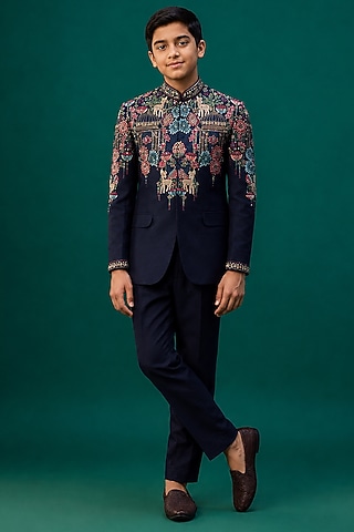 Blue Tussar Hand & Machine Embroidered Bandhgala Set For Boys by sammohan kids