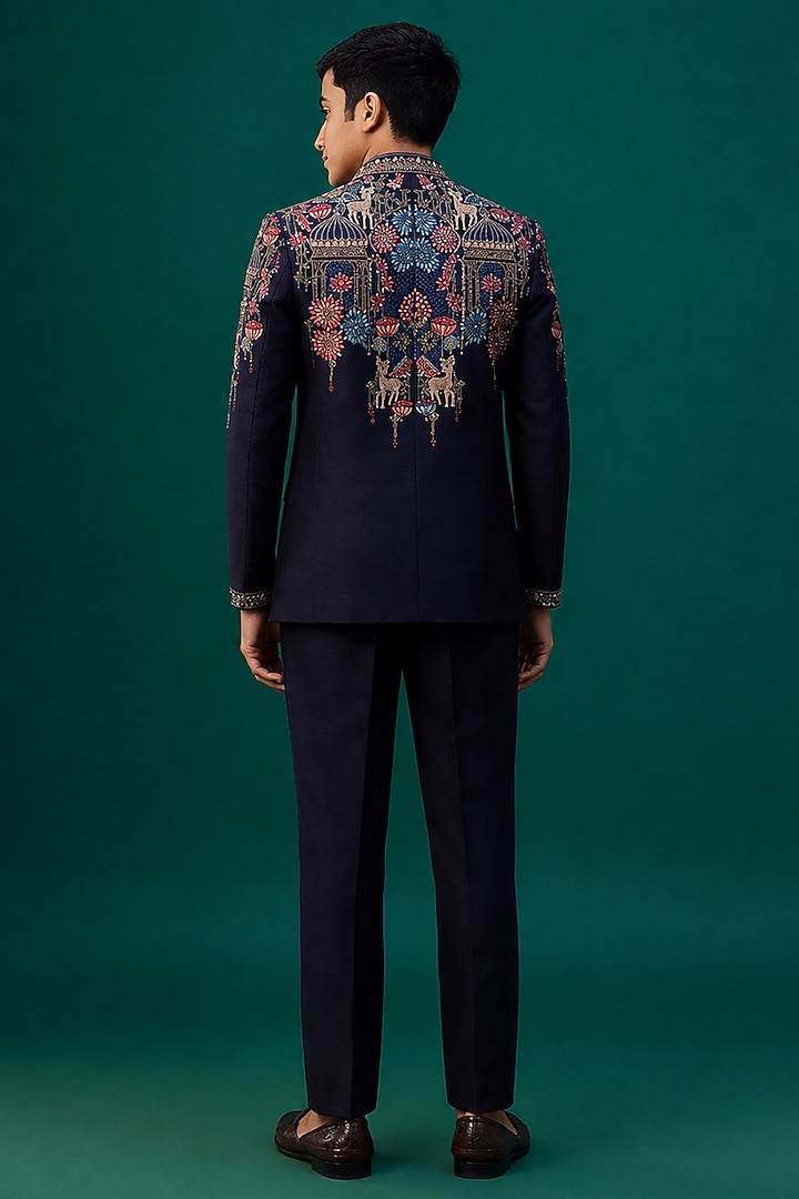 Blue Tussar Hand & Machine Embroidered Bandhgala Set For Boys by Sammohan Kids at Pernia's Pop Up Shop