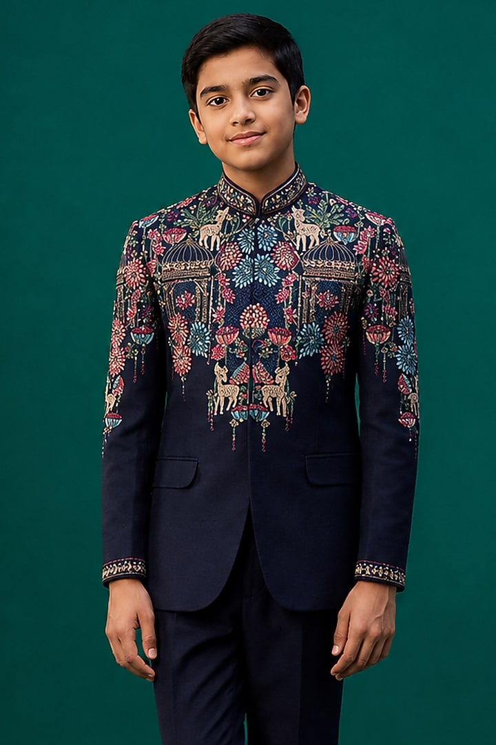 Blue Tussar Hand & Machine Embroidered Bandhgala Set For Boys by Sammohan Kids at Pernia's Pop Up Shop