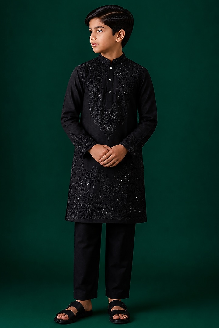 Black Tussar Hand & Machine Embroidered Kurta Set For Boys by Sammohan Kids at Pernia's Pop Up Shop