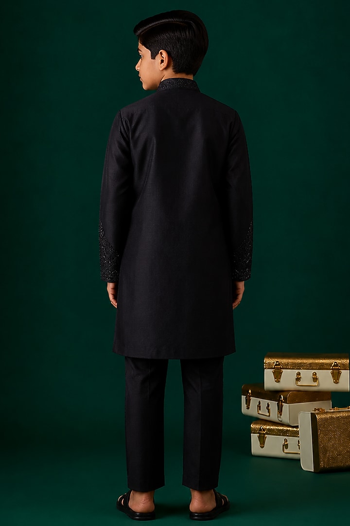 Black Tussar Hand & Machine Embroidered Kurta Set For Boys by Sammohan Kids at Pernia's Pop Up Shop