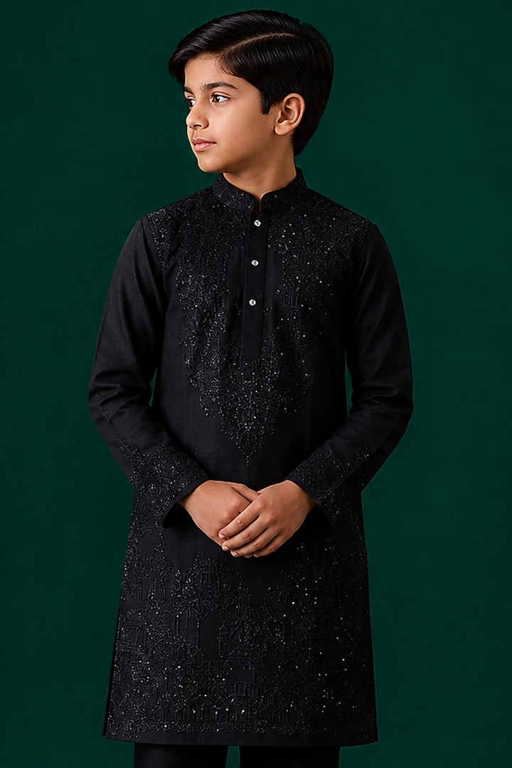 Black Tussar Hand & Machine Embroidered Kurta Set For Boys by Sammohan Kids at Pernia's Pop Up Shop