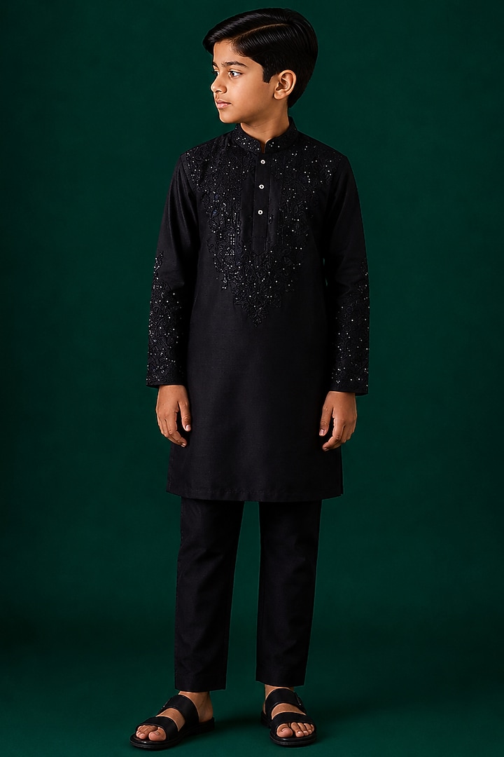 Black Tussar Hand & Machine Embroidered Kurta Set For Boys by Sammohan Kids at Pernia's Pop Up Shop