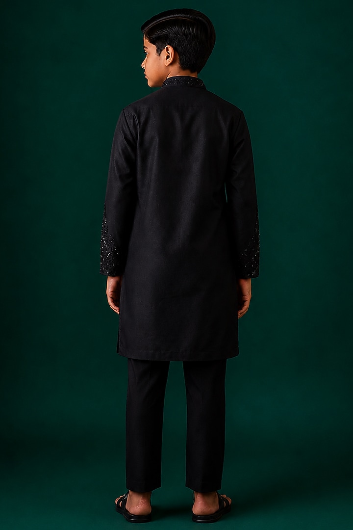 Black Tussar Hand & Machine Embroidered Kurta Set For Boys by Sammohan Kids at Pernia's Pop Up Shop