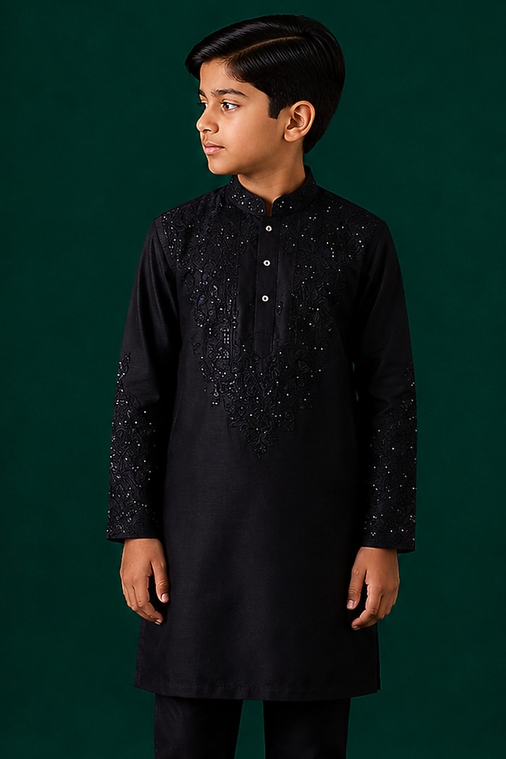 Black Tussar Hand & Machine Embroidered Kurta Set For Boys by Sammohan Kids at Pernia's Pop Up Shop