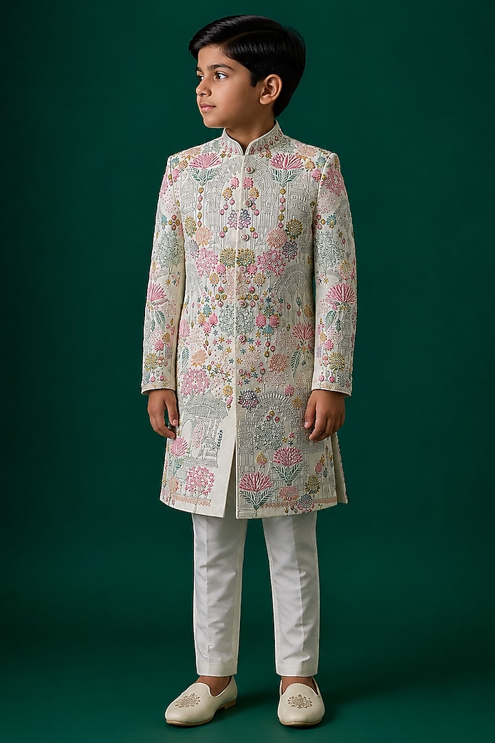 Ivory Tussar Hand & Machine Embroidered Sherwani Set For Boys by Sammohan Kids at Pernia's Pop Up Shop